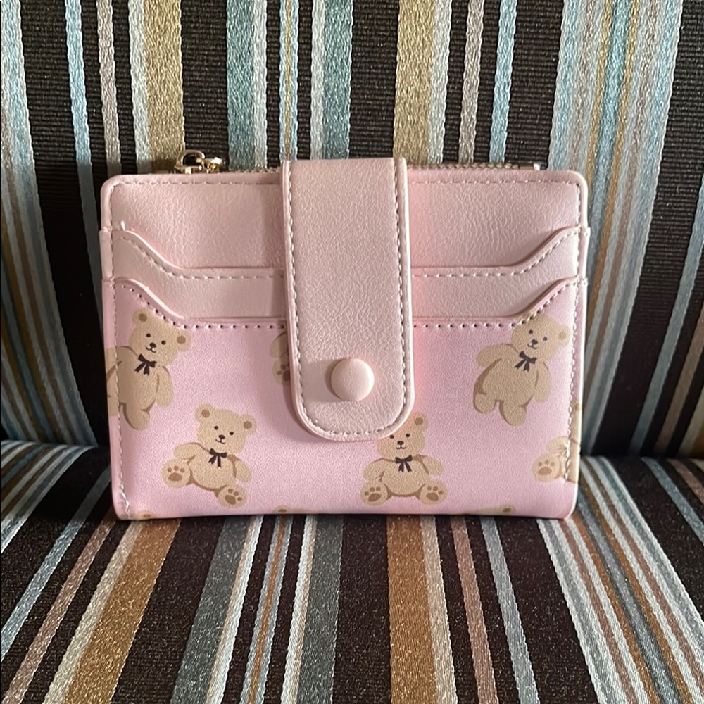 New faux leather pink teddy bear compact small wallet